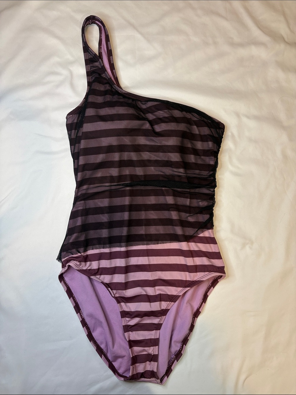 Perry Ellis Orchid Plum Stripe Black Mesh Overlay One Shoulder Strap One Piece